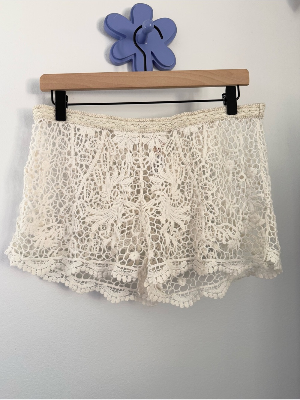 Large Open Knit Crochet Relaxed Shorts Beach Festival Summer Boho Ivory Floral